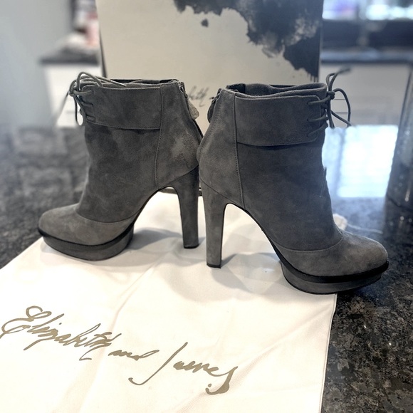 Elizabeth & James Suede Heather grey and black trim high Heel boots lace up  top - Picture 4 of 15